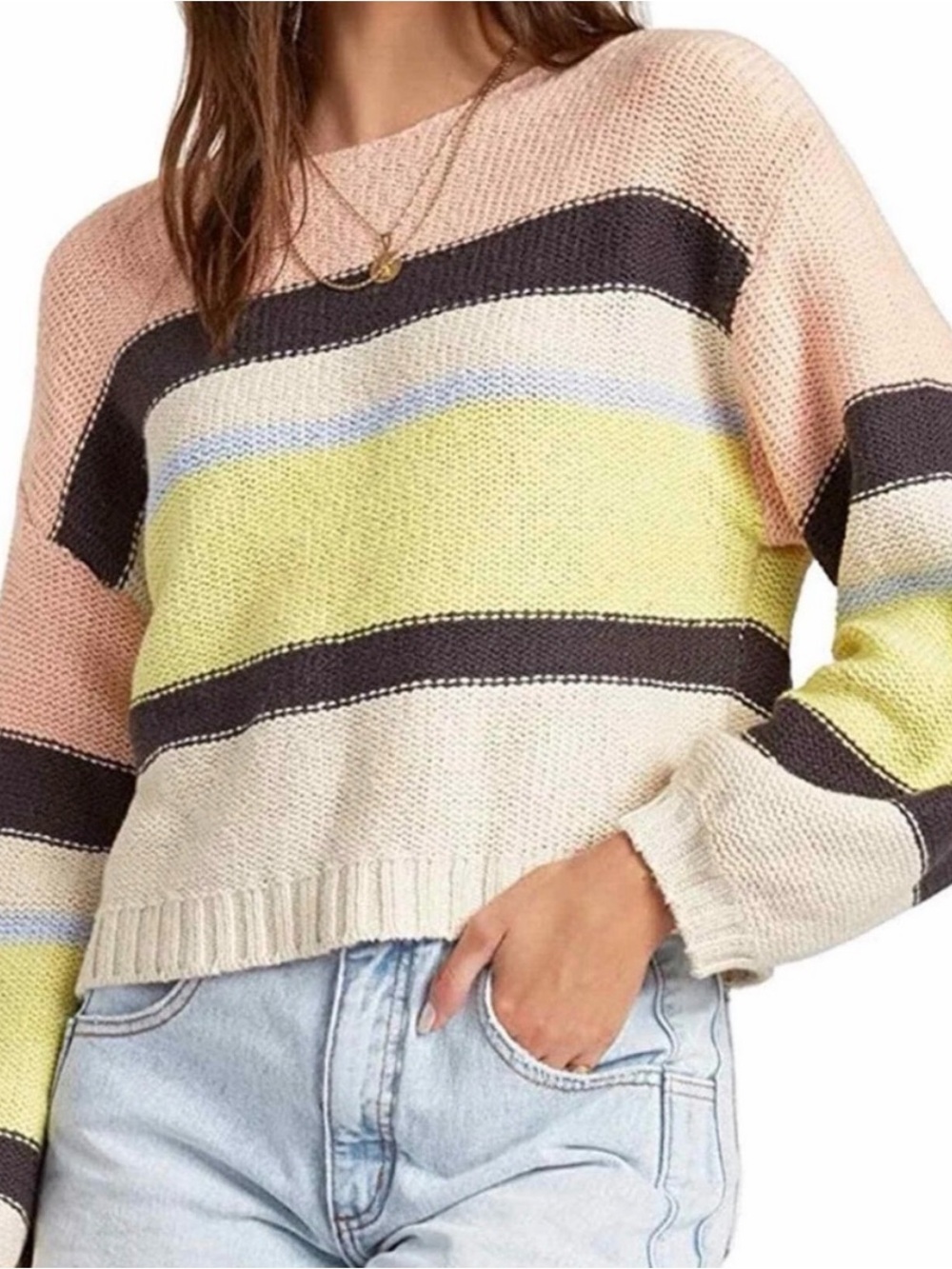 Billabong Pastel Stripe Crew Neck Sweater in Pink, Yellow & Cream. Size Small